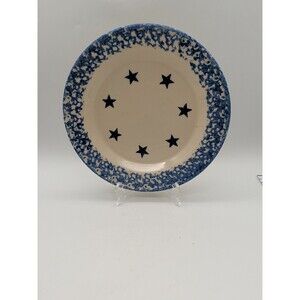 Vtg Roseville Spongeware Gerald Henn Blue Stars 10" Dinner Plate